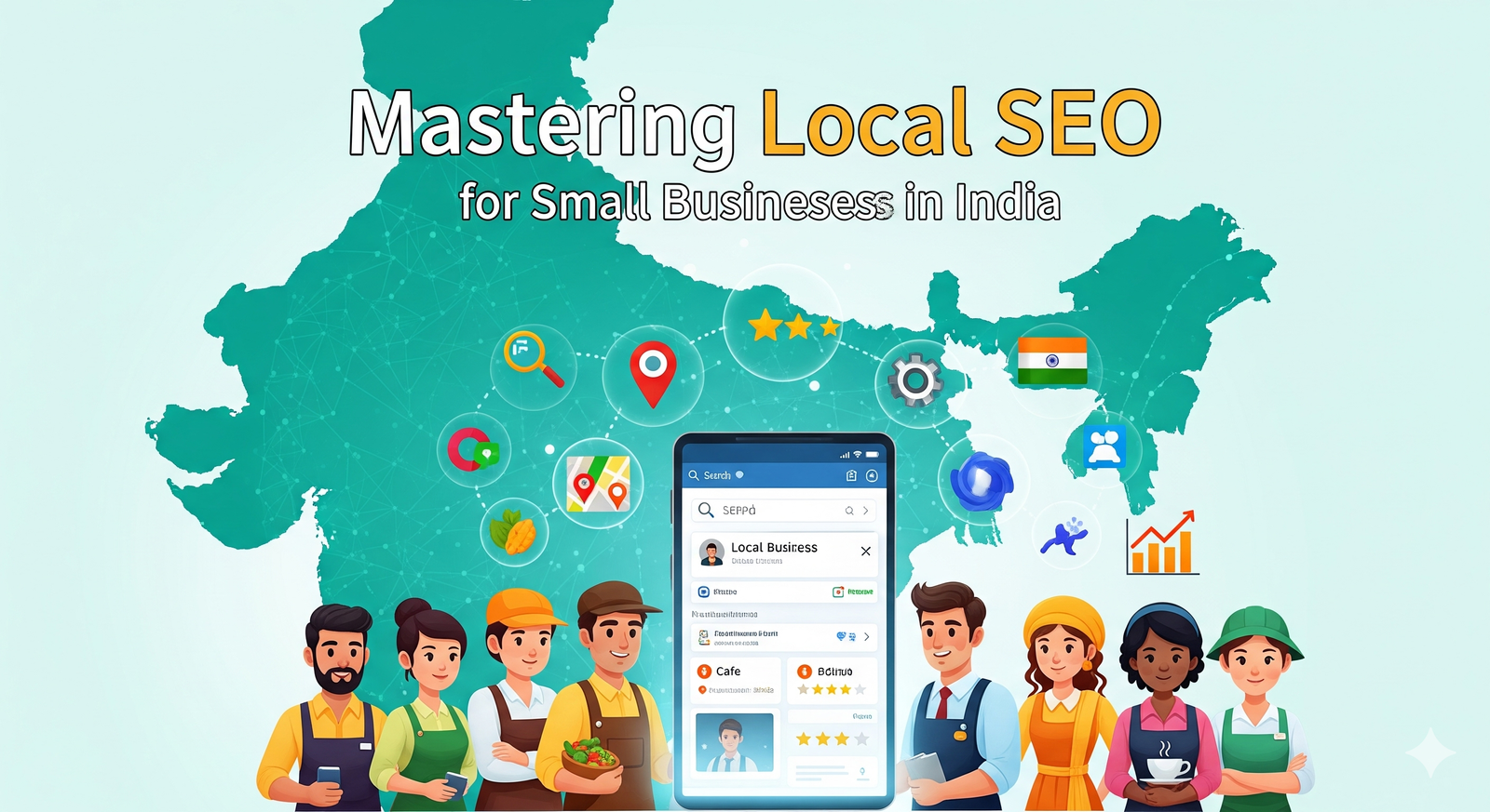 Illustration depicting local SEO for small businesses in India, with a map of India, a smartphone showing a local business search, and various icons representing SEO elements like a magnifying glass, map pin, and ratings.